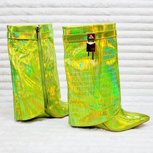 What A Vision Lime Yellow Hologram Wedge Heel Fold Over Skirted Ankle Boots